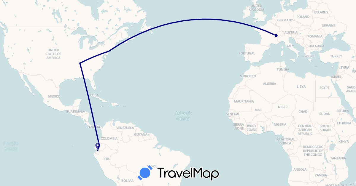 TravelMap itinerary: driving in Switzerland, Ecuador, United States (Europe, North America, South America)